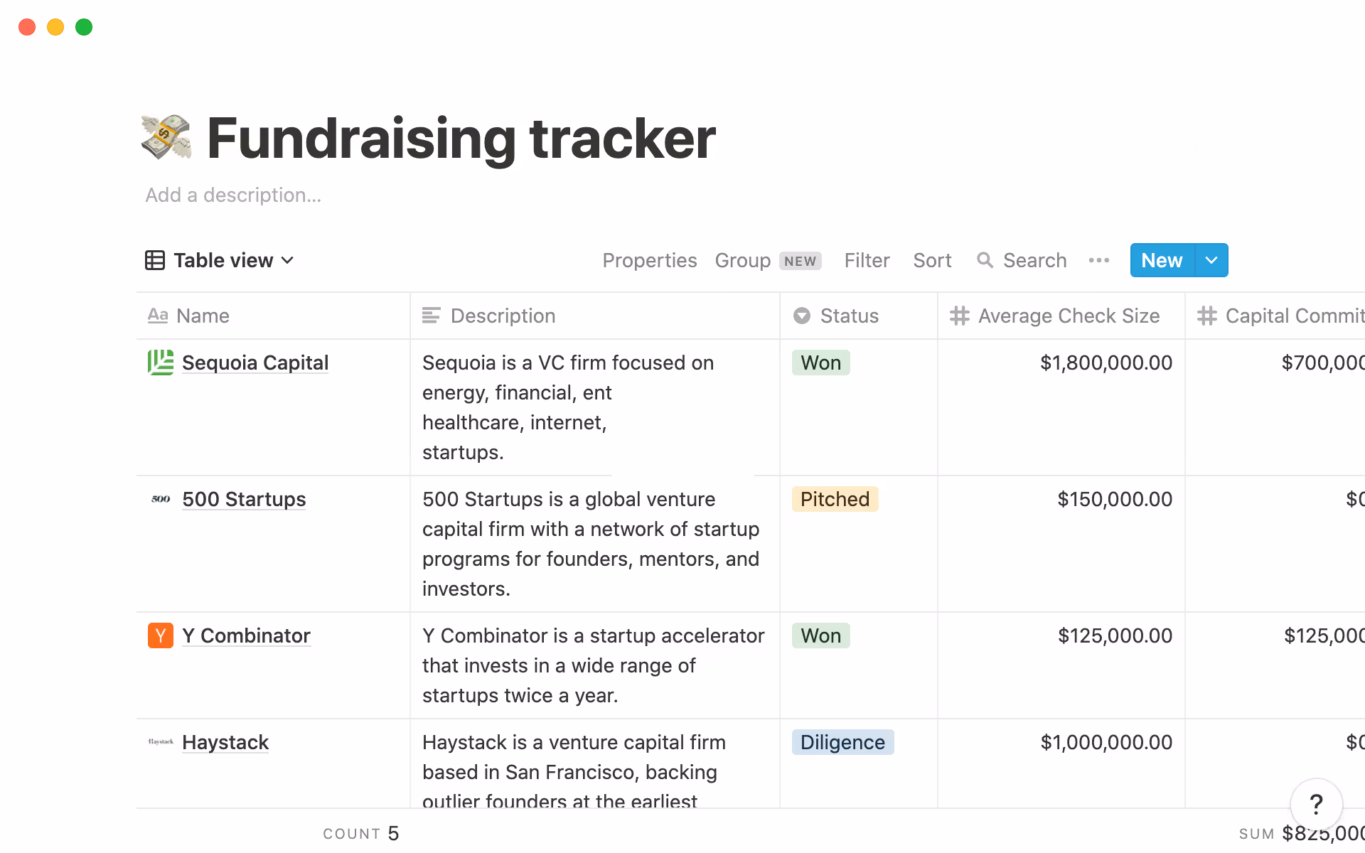 Screenshot of a Fundraising tracker in Notion