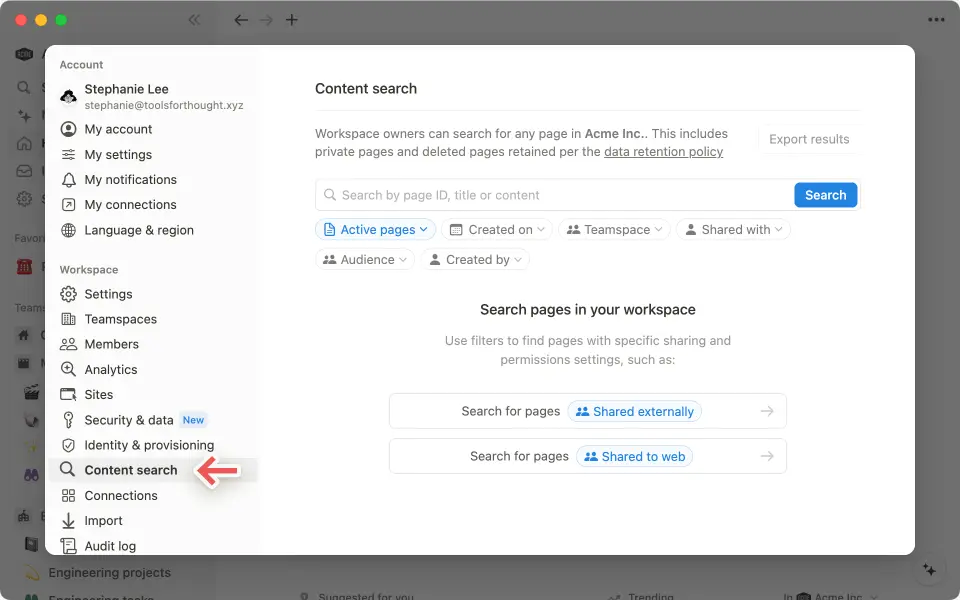 Enterprise workspace owners can use Content Search to locate and restore deleted pages.
