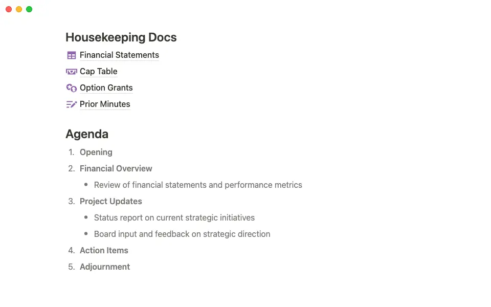 A section of Joe's template that organizes key docs and sets up an agenda for board meetings.