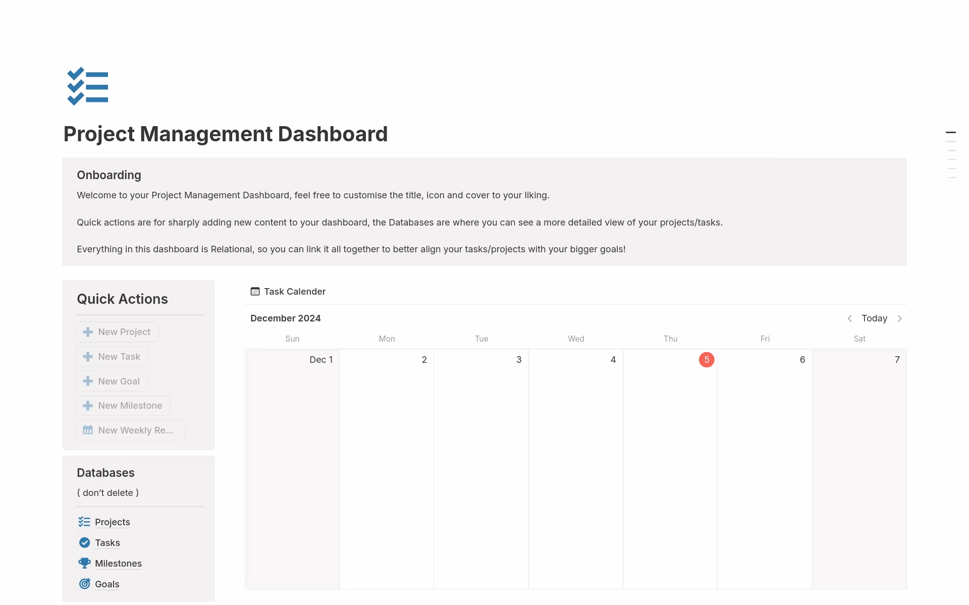 A project management dashboard template available in Notion