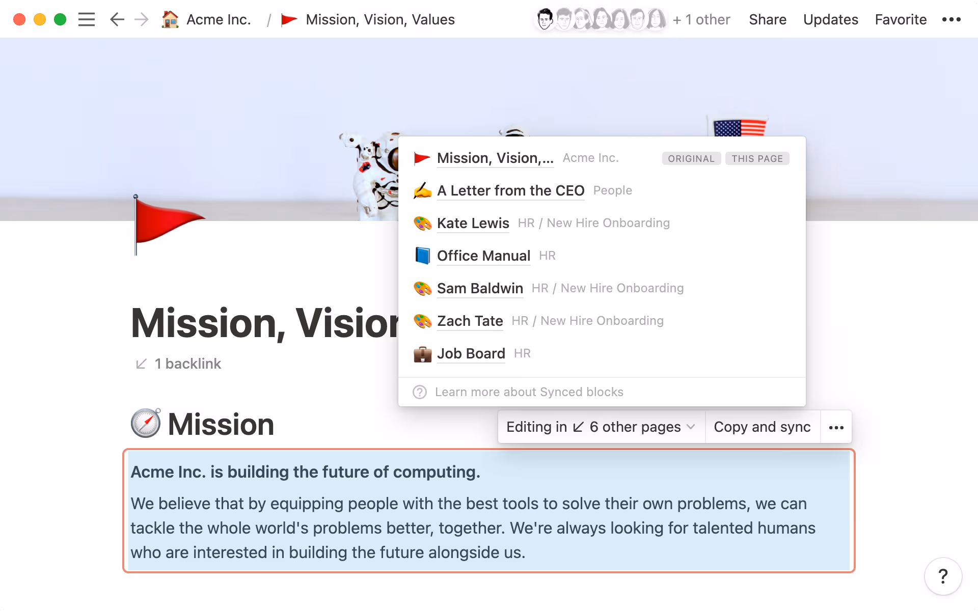 How Synced Blocks shows the path back to the original block.